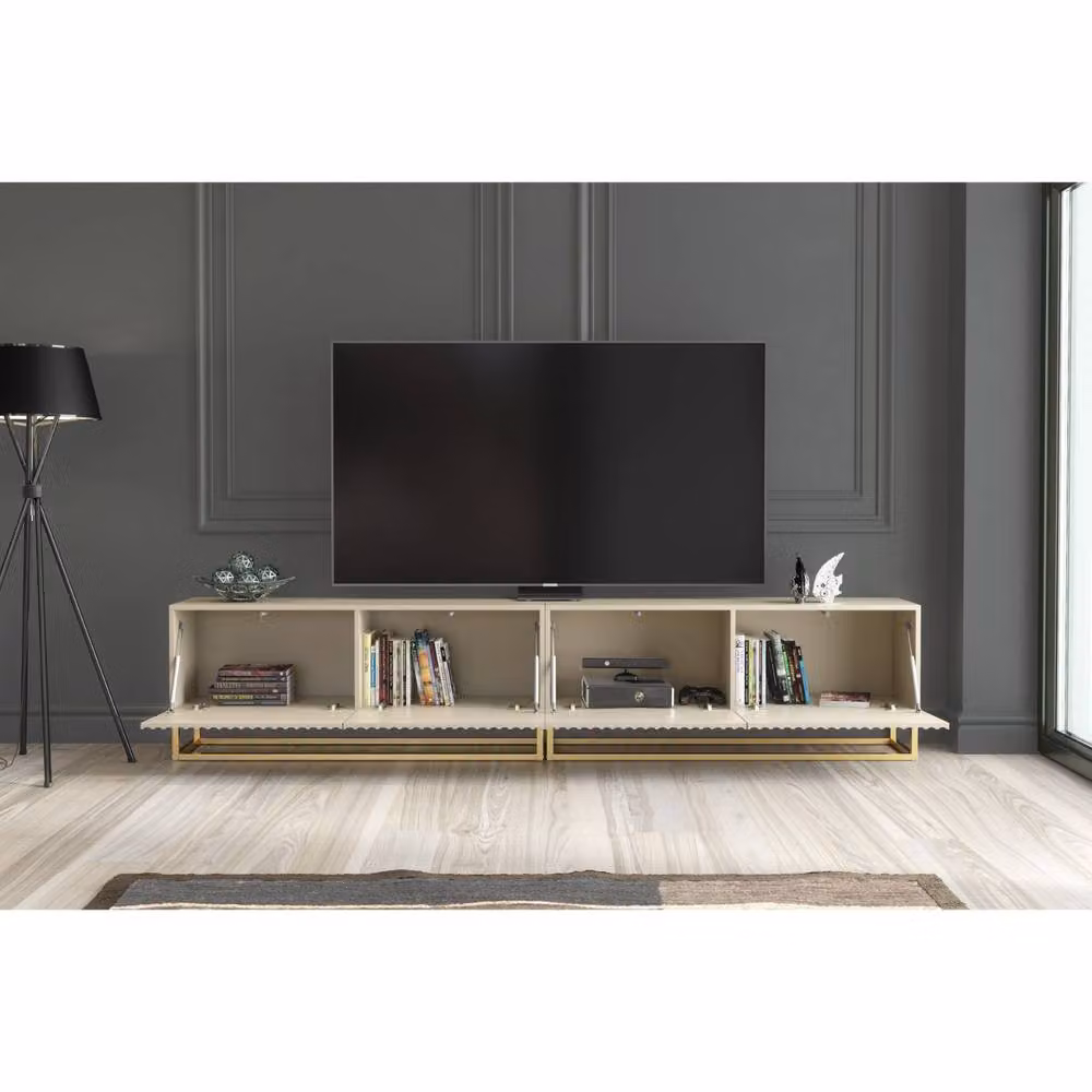 Mex Furniture LTD Ripple Duo TV Unit in Cashmere Warm Beige Taupe with Gold Finish, W: 200 cm, D: 45 cm, H: 35 cm – 2