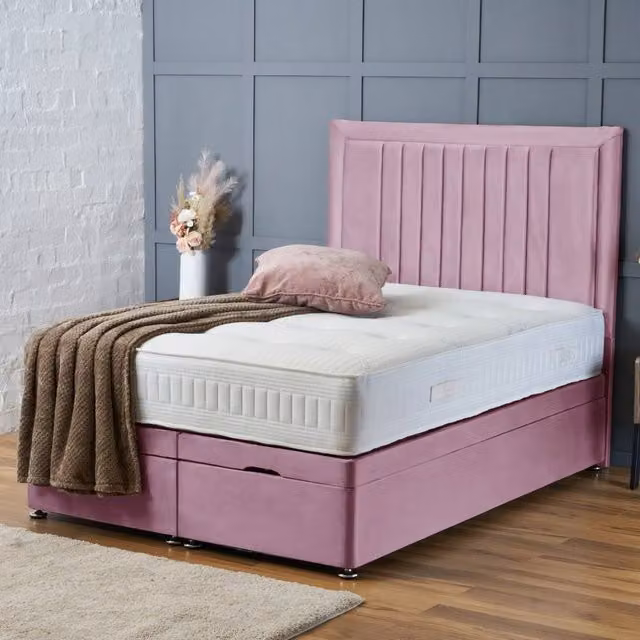 BSSPOKE Small Double Canes Ottoman Divan Bed with 54 inch Headboard and Mattress in Pink Plush Velvet