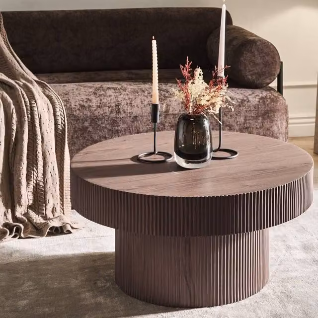 Wyld and Coco Round Coffee Table in Brown with MDF Top, Diameter: 80 cm, Height: 38 cm