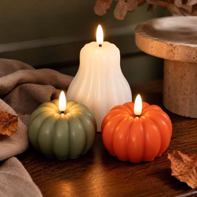 Marco Paul Set of 3 Autumn Flameless LED Wax Candles in Orange, Green and White with Timer – 1