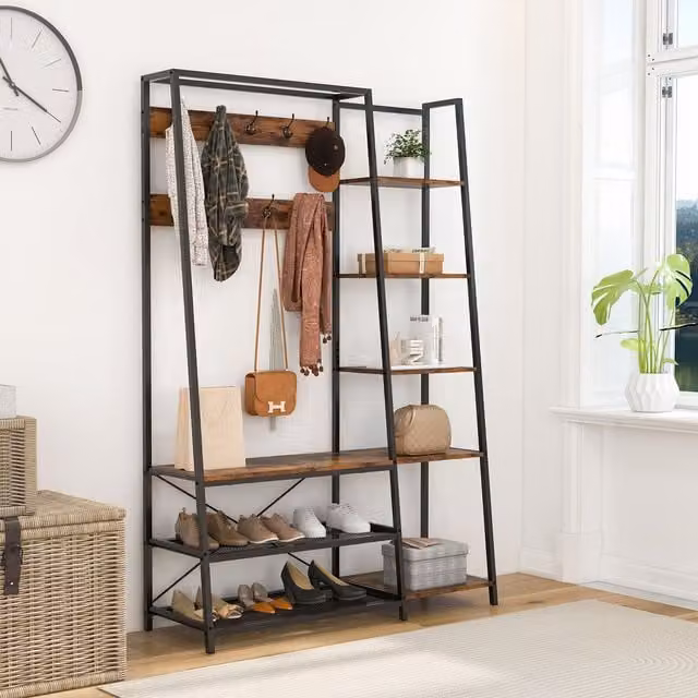 Costway Industrial Hall Tree with Storage Bench and 9 Hooks in Brown – 1