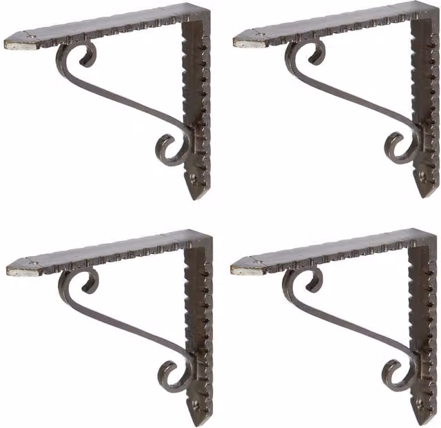 Hammer and Tongs Notched Scroll Iron Shelf Brackets, Pack of 4, Black/Grey, Diameter: 105 mm