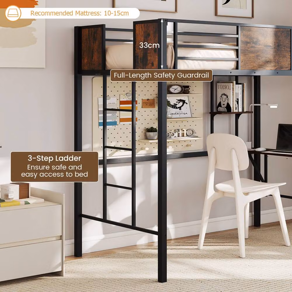 Costway Single Metal Loft Bed with Desk, Shelf and Safety Guardrail in Brown, W/D/H: 200 x 90 x 136 cm – 6