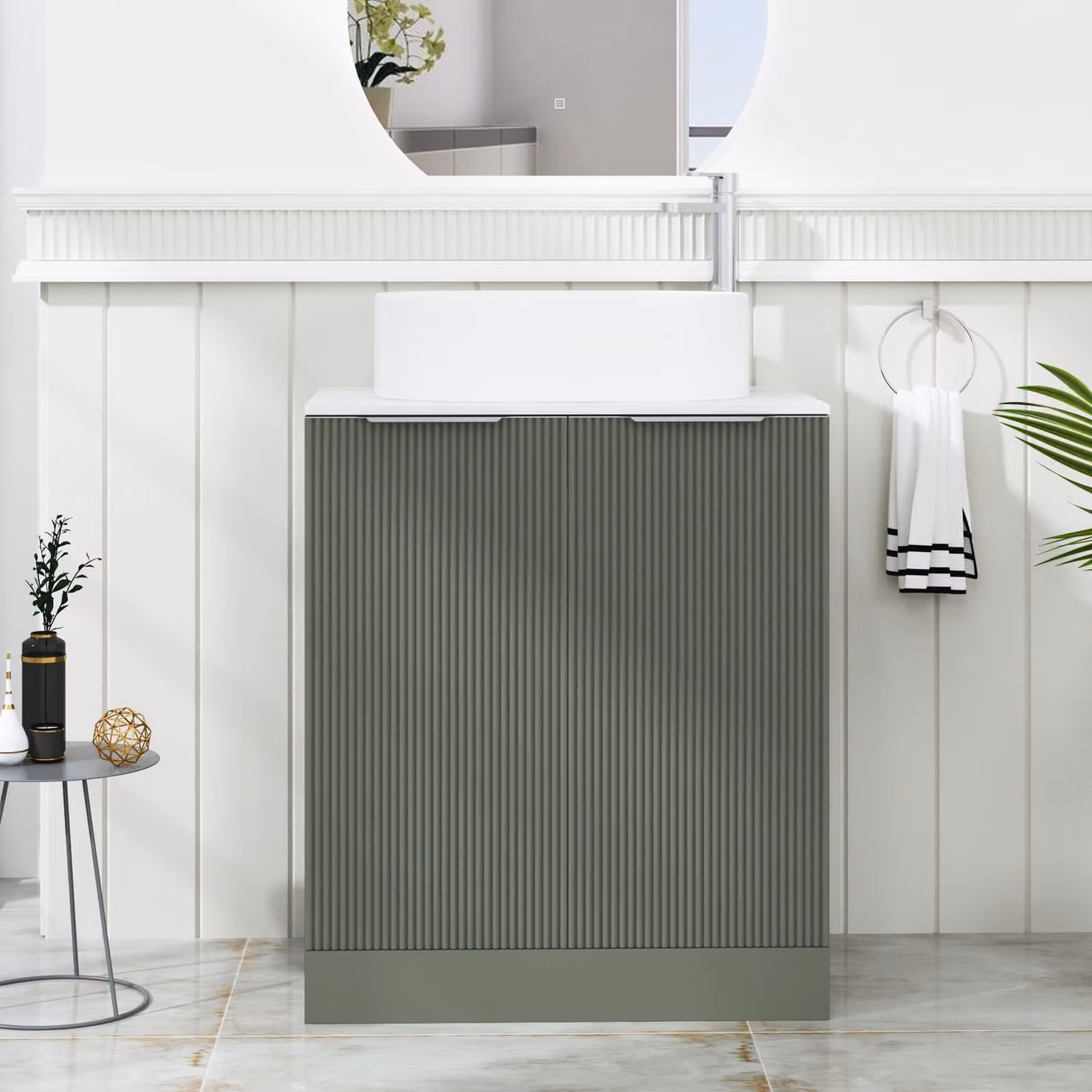 Royal Bathrooms Evora Sage Green Fluted Floor Standing 2 Door Vanity Unit with Peak Basin W: 70 cm