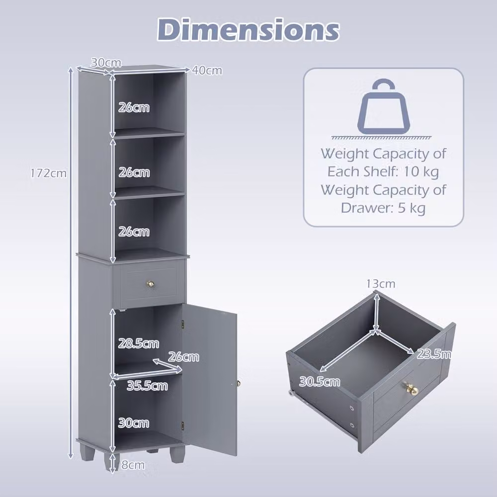 Costway Grey Narrow Freestanding Bathroom Cabinet with 3 Shelves and Drawer, Height: 172 cm – 2