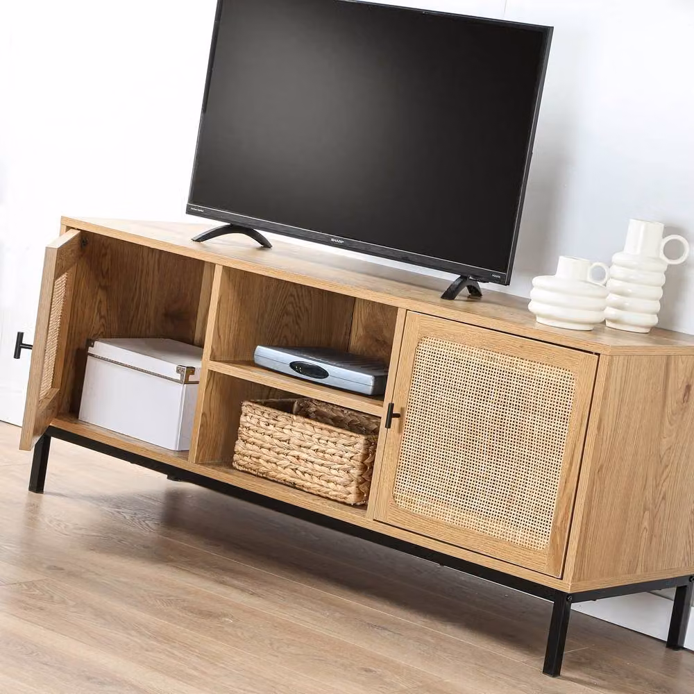 CALICOSY JAYA 2-Door TV Stand with Rattan Cane and 2 Shelves, Light Brown, W: 120 cm, D: 39 cm, H: 51 cm – 5