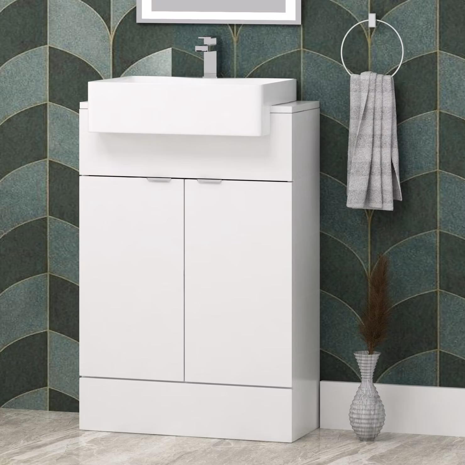 Royal Bathrooms Elena 600mm Gloss White Floor Standing 2 Door Vanity Sink Unit with Semi Recessed Basin