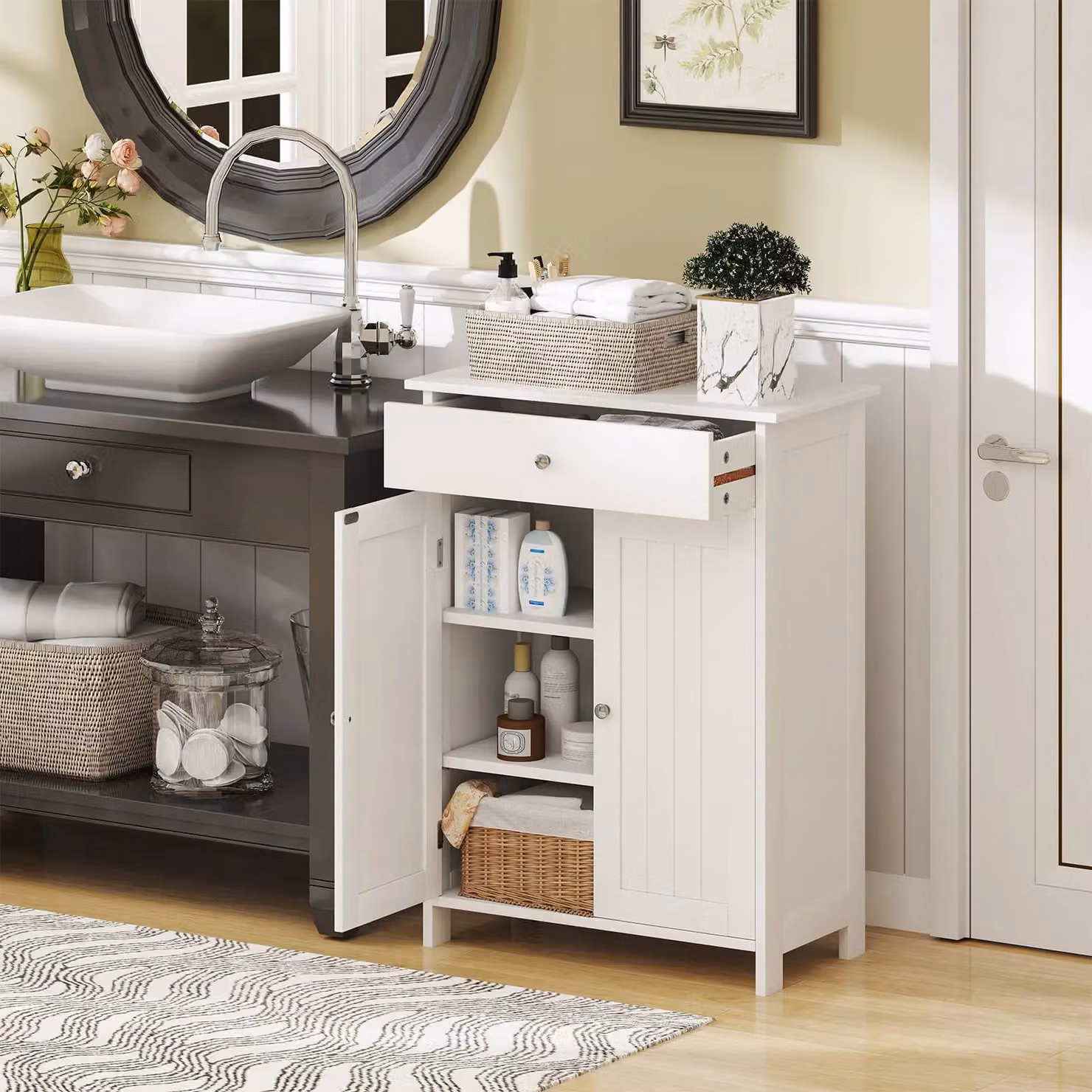 Gymax White Freestanding Bathroom Floor Cabinet with 2 Hinged Doors and Internal Shelves – 5