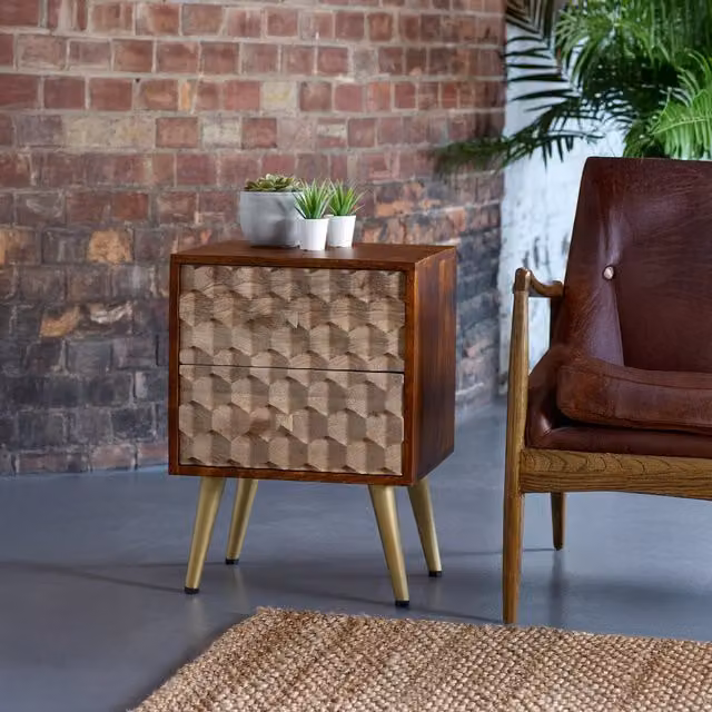 IH Design Retro Mango Wood and Metal 2 Drawer Side Table in Brown and Gold