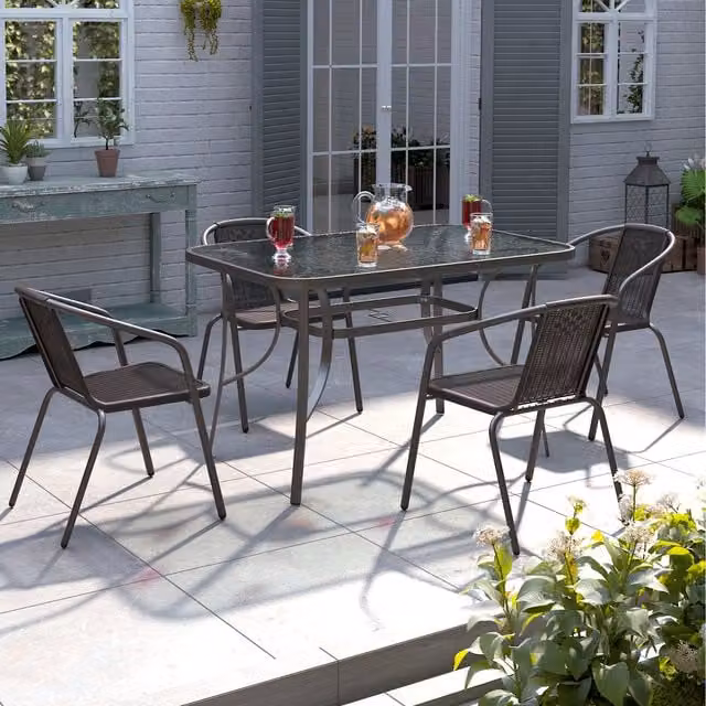 Livingandhome Brown Rectangular Tempered Glass and Metal Bistro Set with 4 Stacking Chairs