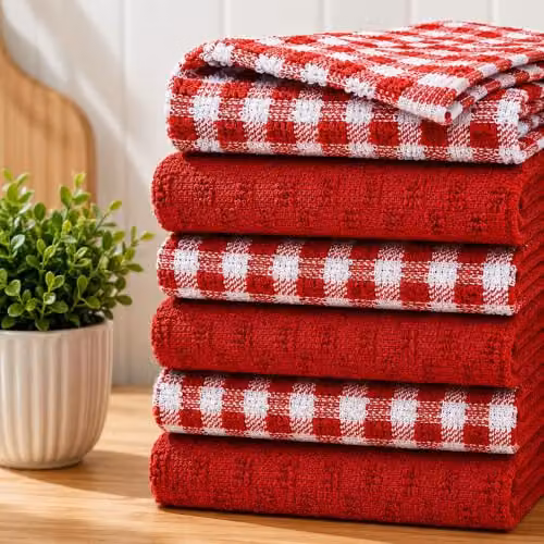 Casabella Pack of 6 Red and Blue Checked Cotton Terry Towelling Kitchen Tea Towels – 2