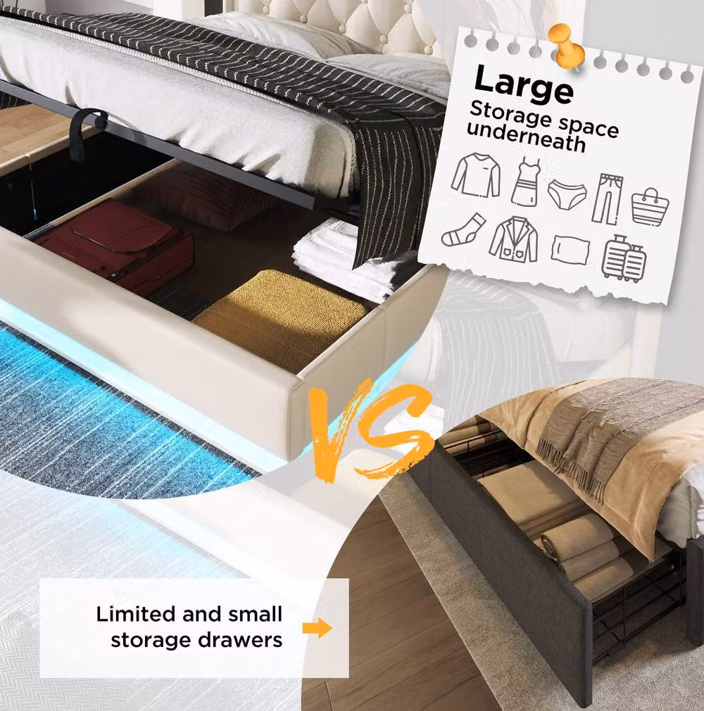 STILVORA White King Ottoman Bed with LED Lighting, USB Charging Port and Under-Bed Storage, W: 180 cm, D: 200 cm, H: 150 cm – 4