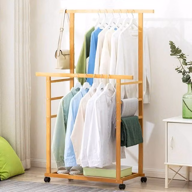 EONLION Double Bamboo Clothes Rail in Brown