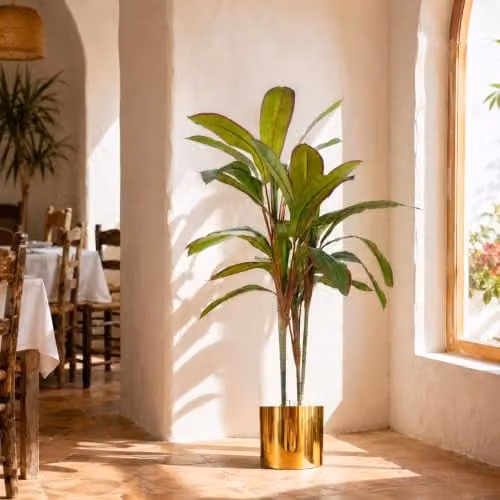 Leaf Design UK 100cm Artificial Potted Tropical Palm Dracaena Plant in Gold Metal Planter – 1