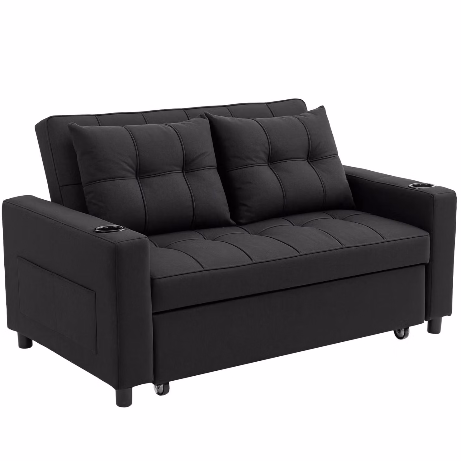 HOMCOM 2 Seater Pull Out Sofa Bed in Black with Fabric Upholstery and Foam Mattress – 2
