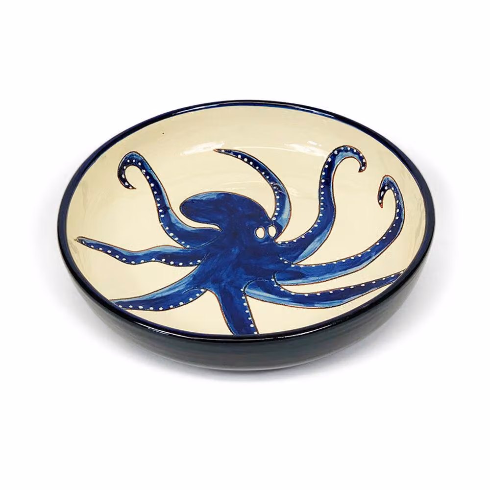 Verano Spanish Ceramics Signature Blue and White Hand Painted Octopus Ceramic Serving Bowl, Diameter: 27 cm – 2
