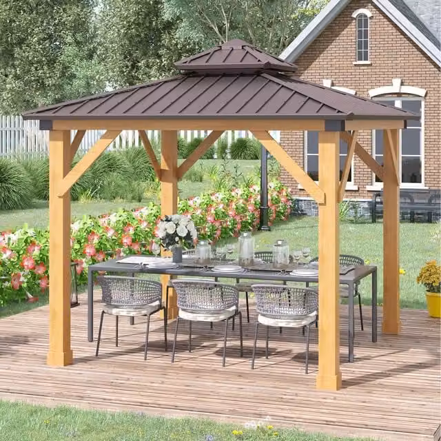 Outsunny Hardtop Gazebo Patio Canopy Shelter with Double-tier Hip Roof, Brown, W: 300 cm x D: 300 cm x H: 300 cm
