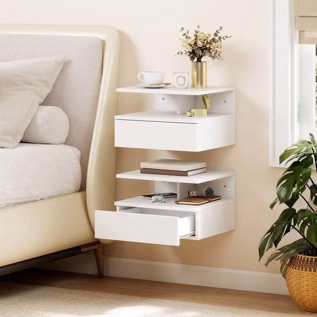 HOMCOM Set of 2 Modern Wall Mounted Nightstands in White – 1