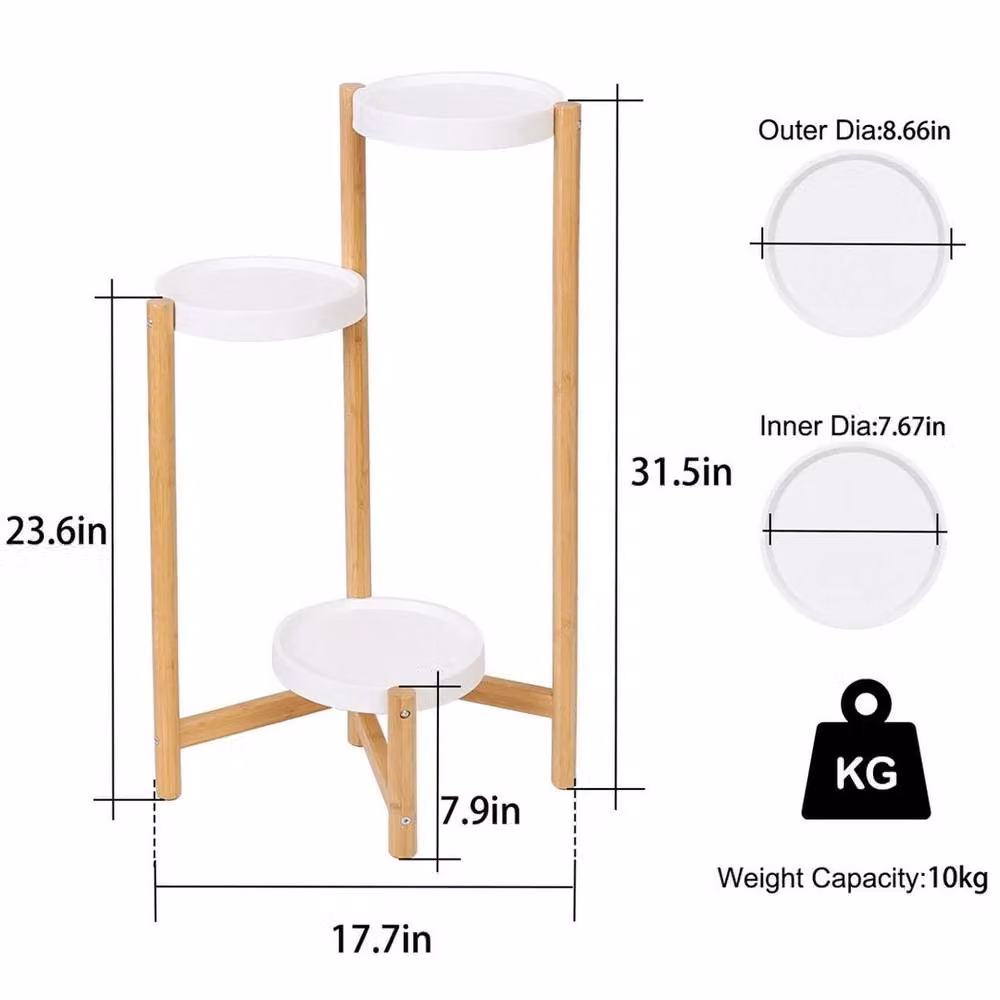 KORVIXA 3 Tier Round Indoor Corner Bamboo Plant Stand with Planter in Natural Beige, Height: 80 cm, Width: 80 cm, Depth: 80 cm – 2