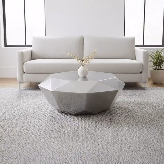 Orsina Silver Round Glass and Metal Coffee Table with Glossy Geometric Design – 1