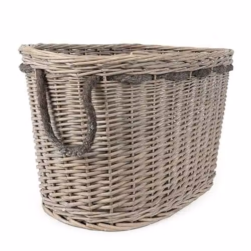 Madison & Mayfair Oval Open Weave Rattan Log Basket with Handles in Grey, W/D/H: 35.6 x 32.0 x 31.0 cm – 1