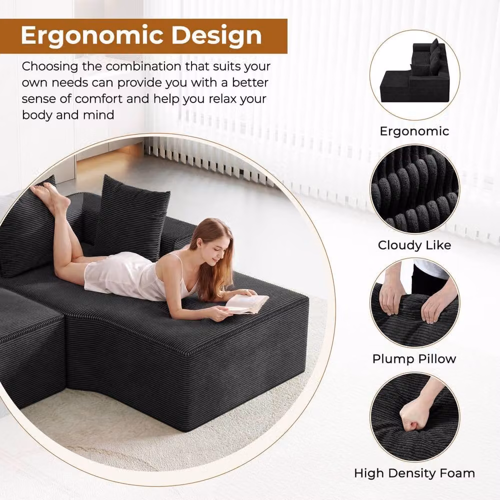 Dprodo Black Corduroy Right L-Shaped Modular Sofa, Width: 320 cm – 7