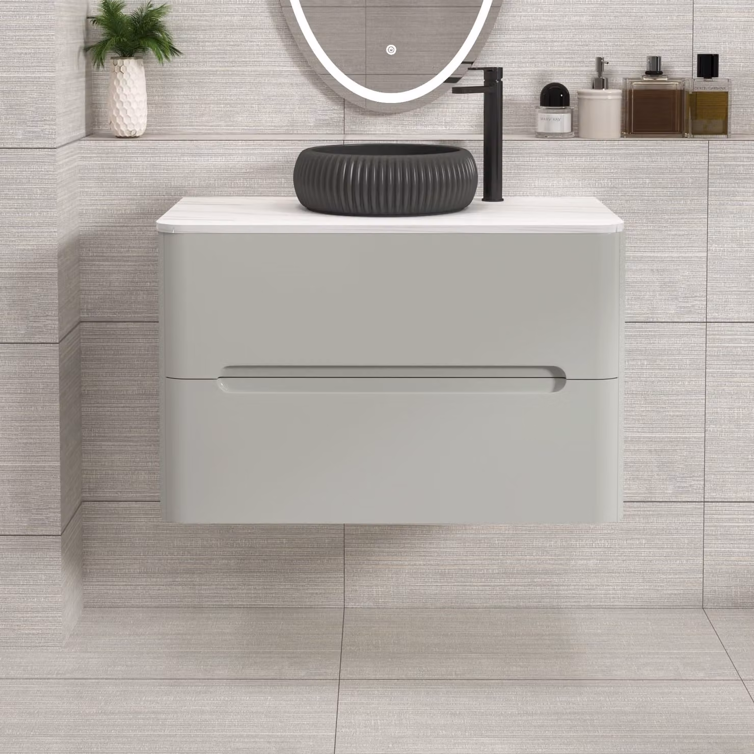 Royal Bathrooms Venice 800mm Wall Hung Vanity Unit with 2 Drawers and Milan Black Basin in Dove Grey