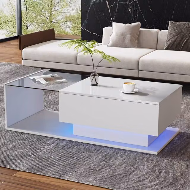 Matteo Modern High Gloss LED Coffee Table with Glass Top and Drawer, White, W/D/H: 50 x 50 x 32 cm – 1