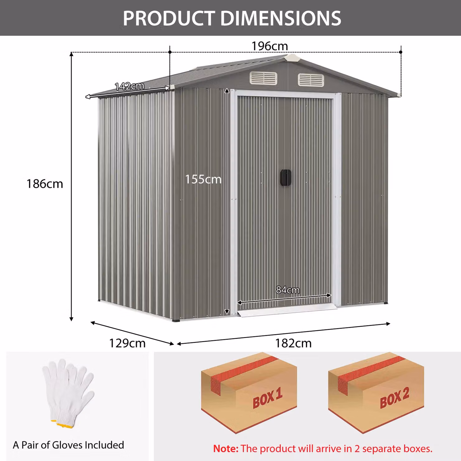 Gymax Galvanised Steel Garden Shed with Lockable Sliding Doors, Light Grey, W: 182.88 cm, D: 121.92 cm, H: 186.0 cm – 3