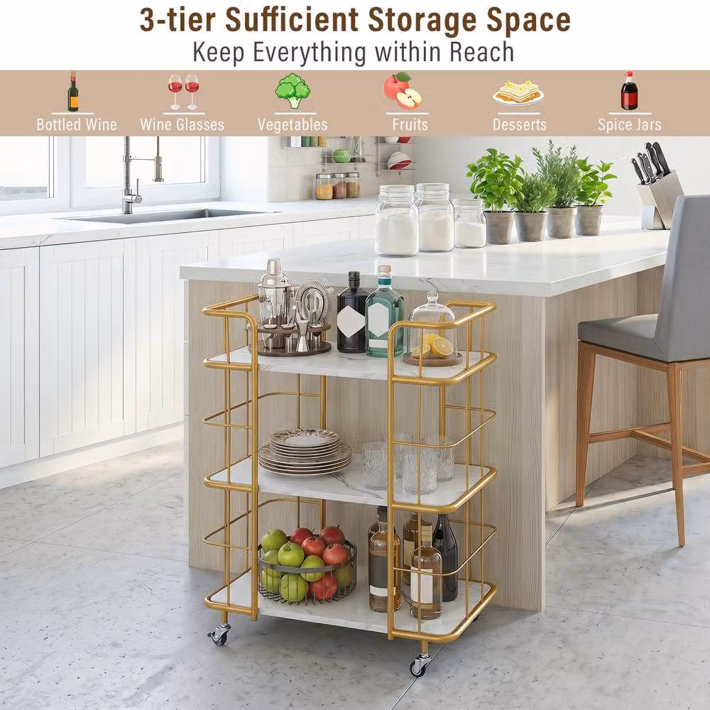 Costway 3 Tier Rolling Buffet Serving Bar Cart in White – 3