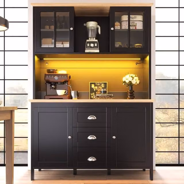 Merax Kitchen Pantry Cabinet in Black with Glass Doors and Drawers, H: 179 x W: 120 x D: 40 cm