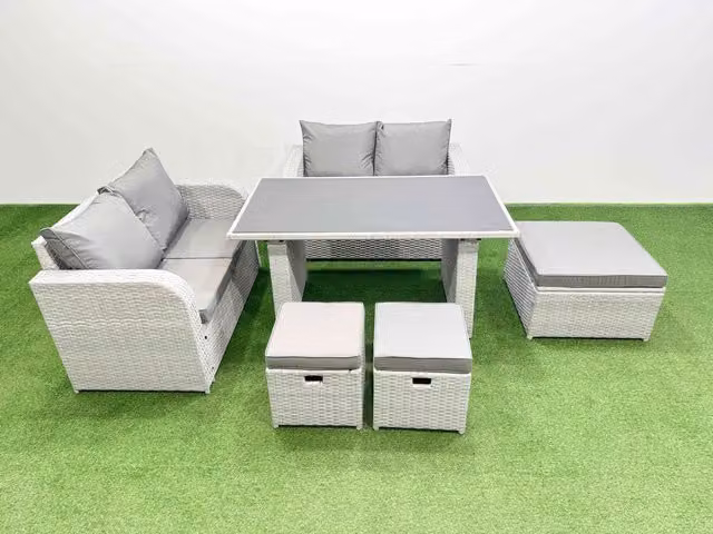 Fimous 6 Piece Outdoor PE Rattan Sofa Set with Cushions and 3 Stools in Light Grey