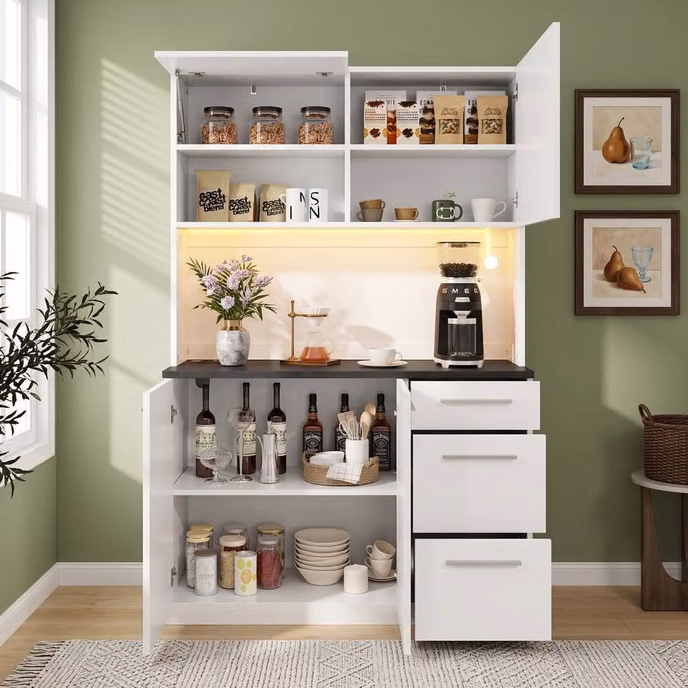BTM Modern White Tall Kitchen Cabinet with Integrated LED Lighting and Glass Doors, H 180 x W 120 x D 40 cm – 2