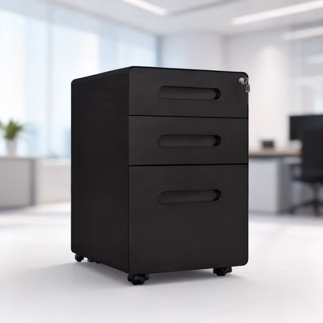 ERGOVEXA Lockable Black Metal File Cabinet with 3 Drawers and Castors, W: 48.0 cm, D: 39.0 cm, H: 59.0 cm