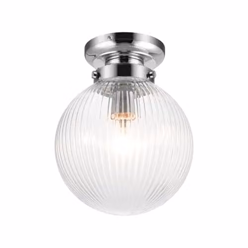 Cosylyte Finley Classic Ribbed Glass Flush Ceiling Light with Chrome Base, IP44 Rated, E27, Transparent