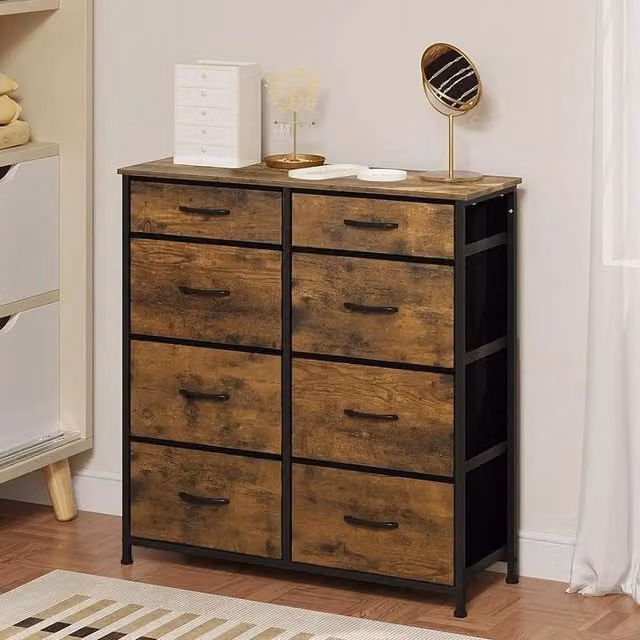 FORGEVIO Vintage 8-Drawer Chest with Metal Frame and Fabric Drawers in Brown and Multicolour – 1