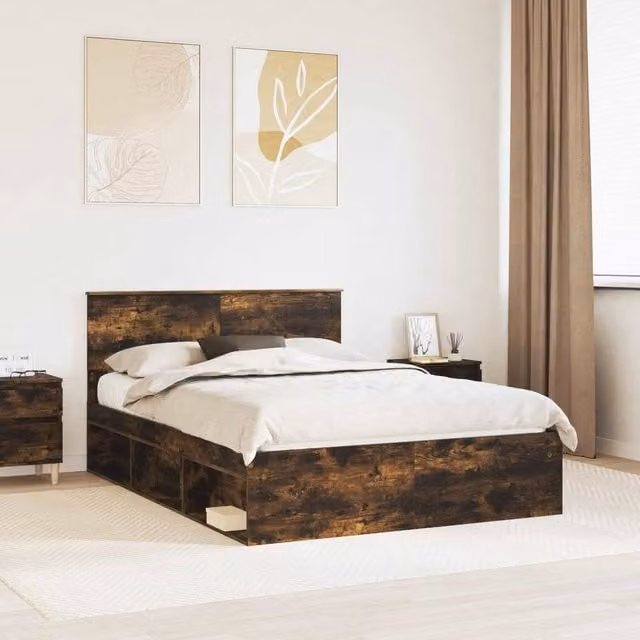 Berkfield Home Modern Bed Frame in Smoked Oak and Brown Wood, W/D/H: 140 x 190 cm – 1