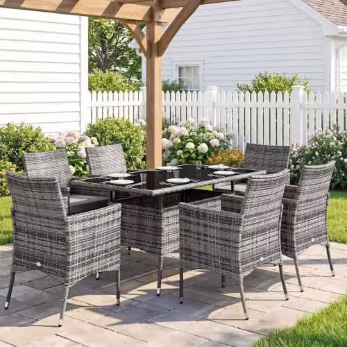 Outsunny 7-Piece Grey Rattan Garden Furniture Dining Set for 6 Adults – 5