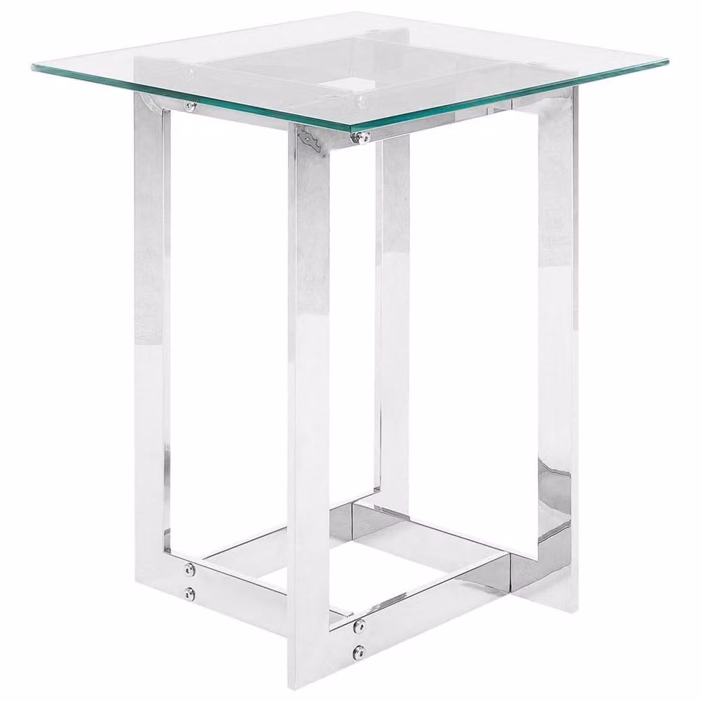 Wyld and Coco Square Tempered Glass Coffee Table with Polished Silver Stainless Steel Base – 2