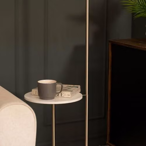 ValueLights MiniSun Floor Lamp with Brushed Chrome Stem, Marble Base and Blush Pink Fabric Shade – 3