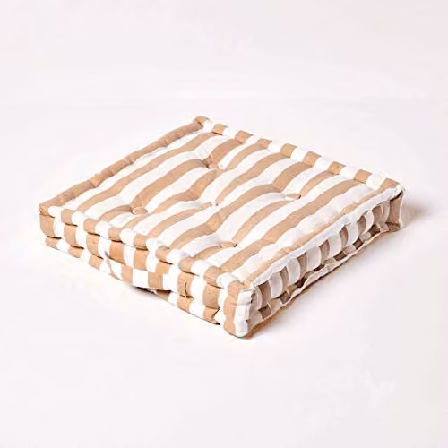 Homescapes Cotton Square Floor Cushion in Beige and White, W/D/H: 50 x 50 x 10 cm