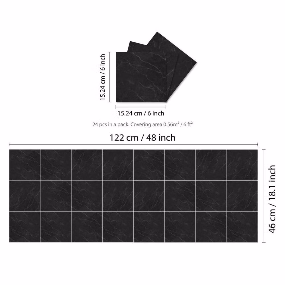 PAWNORA Dark Grey Marble Look Tile Stickers, Glossy Geometric Wall Decor, W: 15.24 cm, H: 15.24 cm – 2