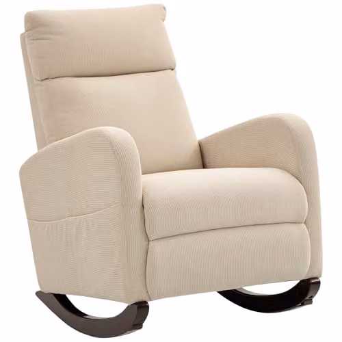 HOMCOM Modern High Back Corduroy Upholstered Rocking Chair with Armrests, Beige, W/D/H: 67 x 44 x 105 cm – 1