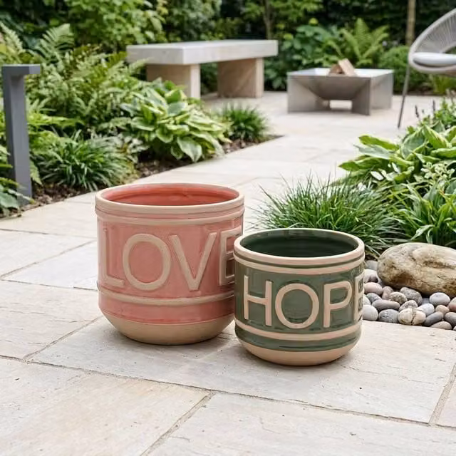 Garden Greatness Duo Love Hope Ceramic Planter Pots in Pink and Multicolour, W/D/H: 16 x 16 x 16 cm