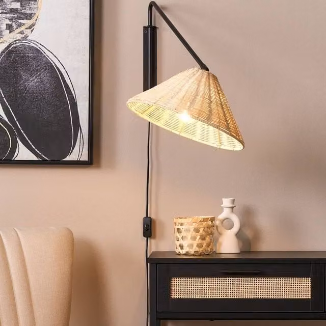 Wyld and Coco Adjustable Boho Wall Lamp with Natural Rattan Cone Shade in Beige and Brown
