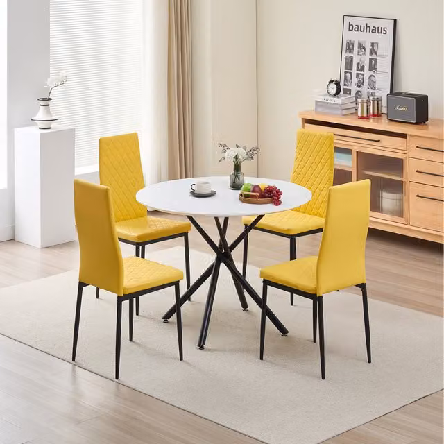 Madefor.living Seattle Round Dining Table and 4 Emily Leather Chairs in Yellow and White