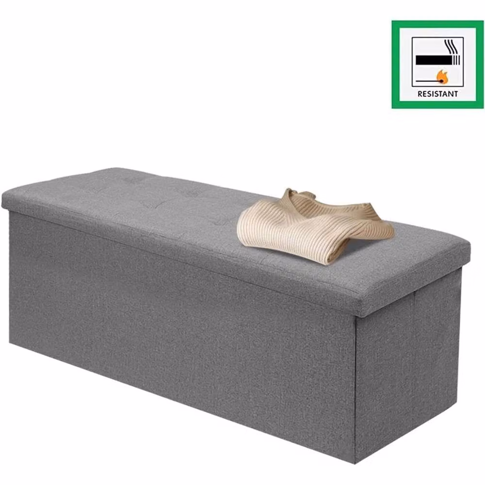 PAWNORA Grey Linen Upholstered Ottoman Storage Seat Stool, W/D/H: 76 x 38 x 38 cm – 4