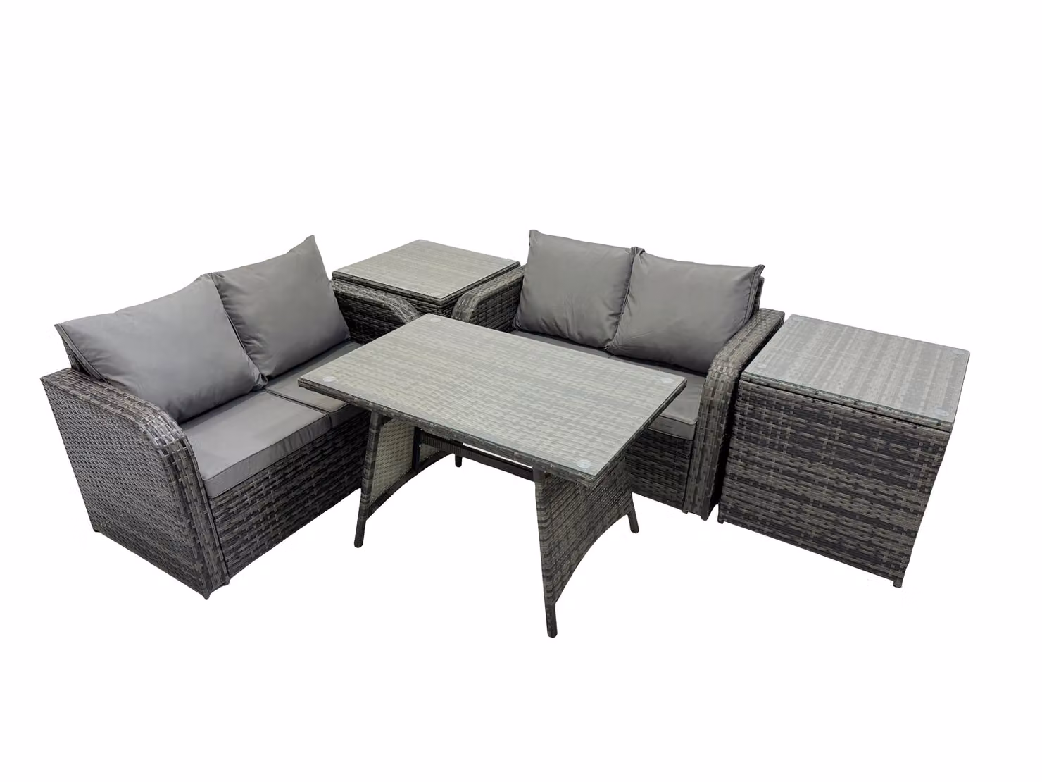 Fimous 4 Seater Rattan Sofa, Oblong Dining Table and 2 Side Tables in Dark Grey – 3