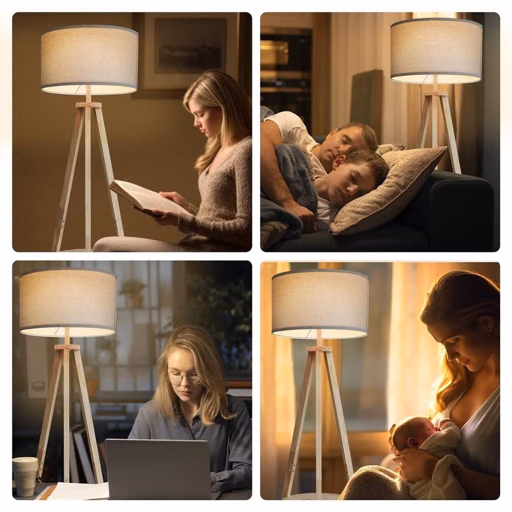 FORGEVIO Tripod Floor Lamp with Shelf in Beige Wood – 3