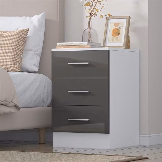 REFLECT 3 Drawer Bedside Cabinet in Grey High Gloss and Matt White